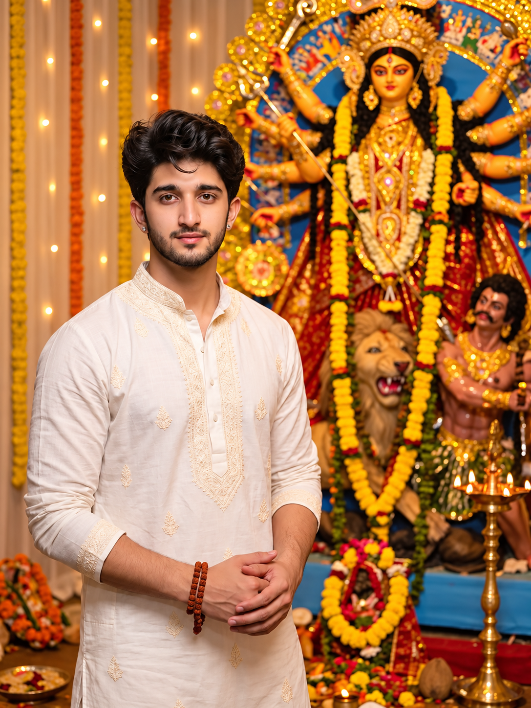 Indian man in a traditional festive outfit posing beside a Durga idol at night during Navratri
