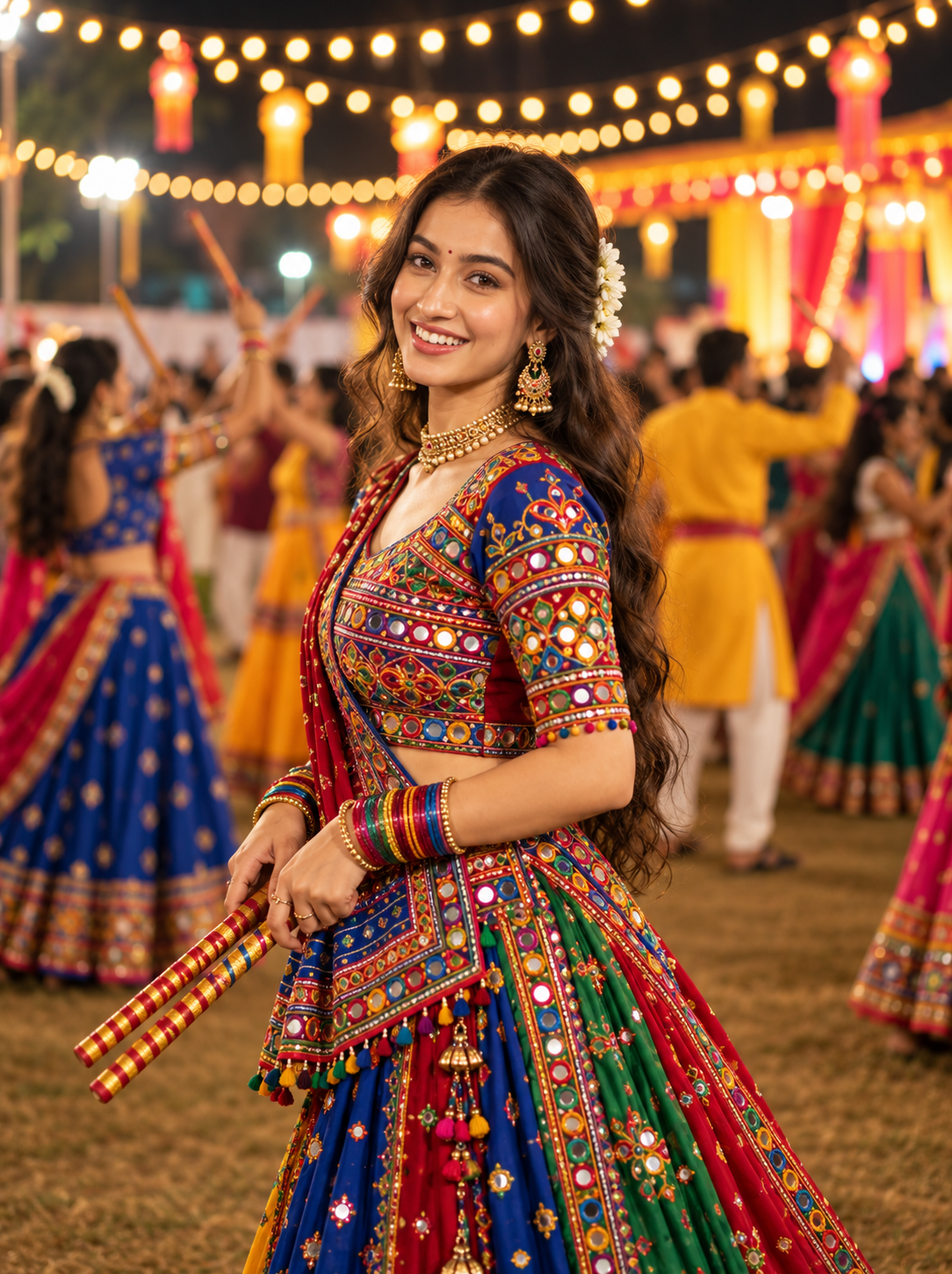 Indian woman in traditional Garba clothing with a nostalgic 1990s vintage portrait style