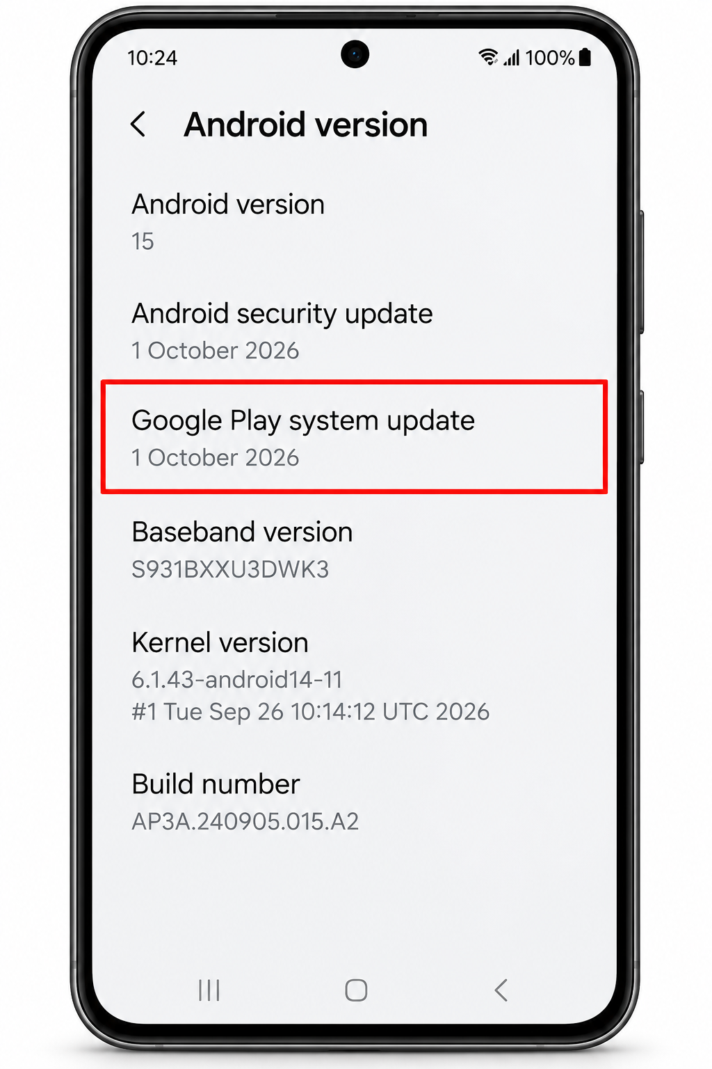 Android Settings screen showing the Google Play system update date.