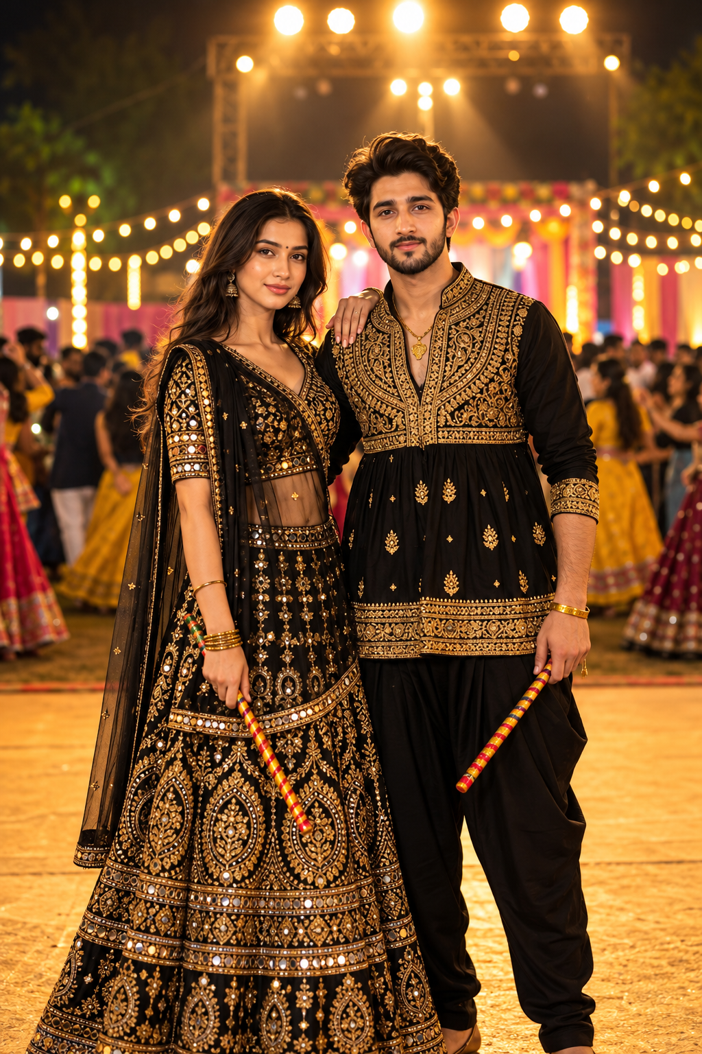 Indian couple wearing black and gold festive outfits at a Navratri night celebration
