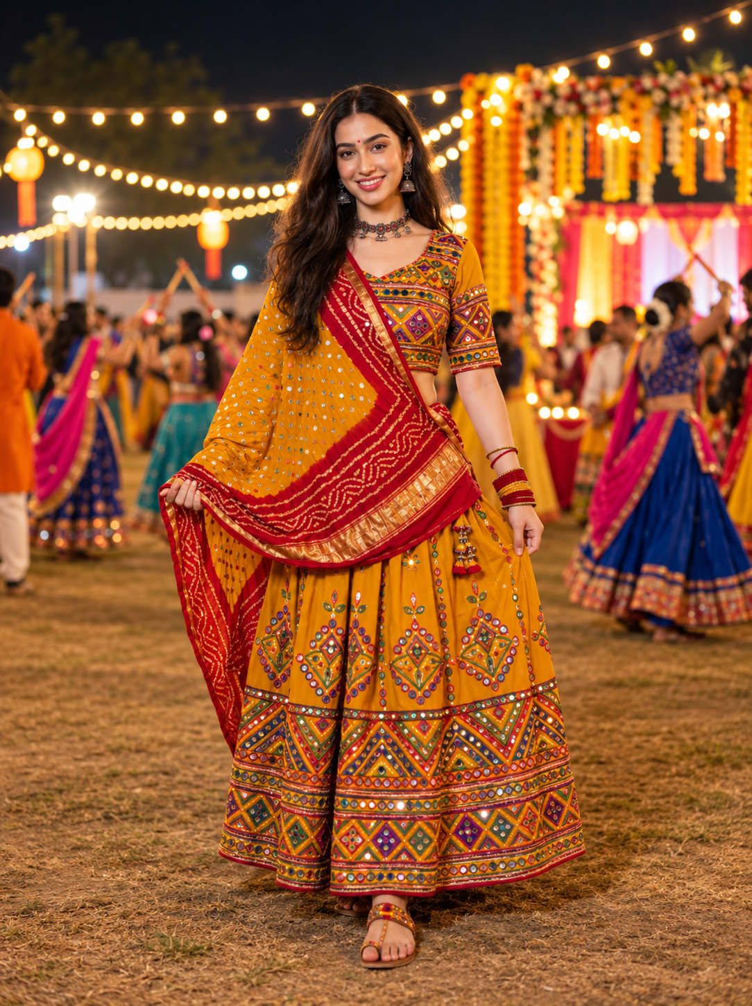 Indian woman wearing a traditional Chaniya Choli at a colourful Navratri night celebration
Copy alt text