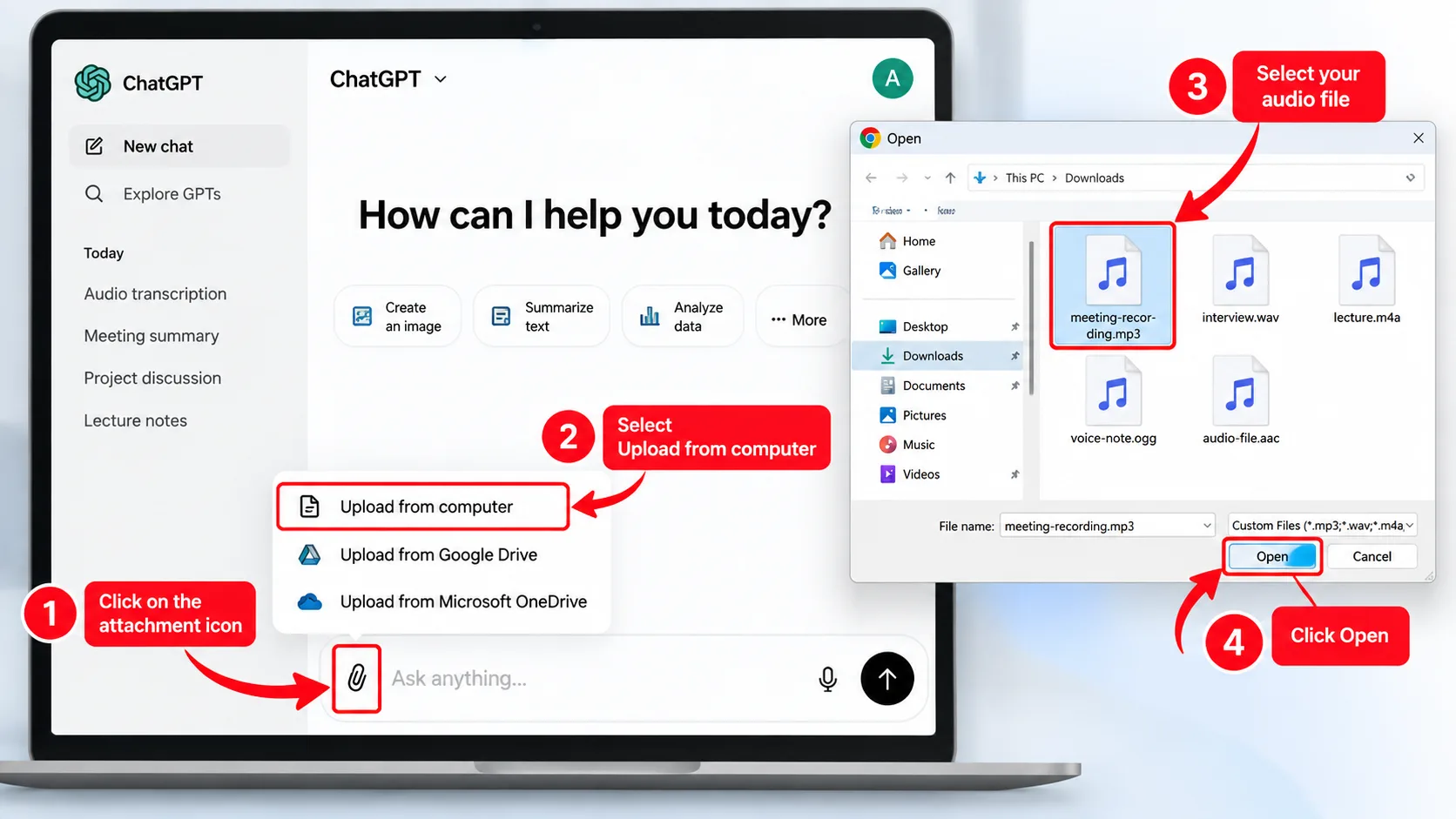 How to upload an audio file to ChatGPT