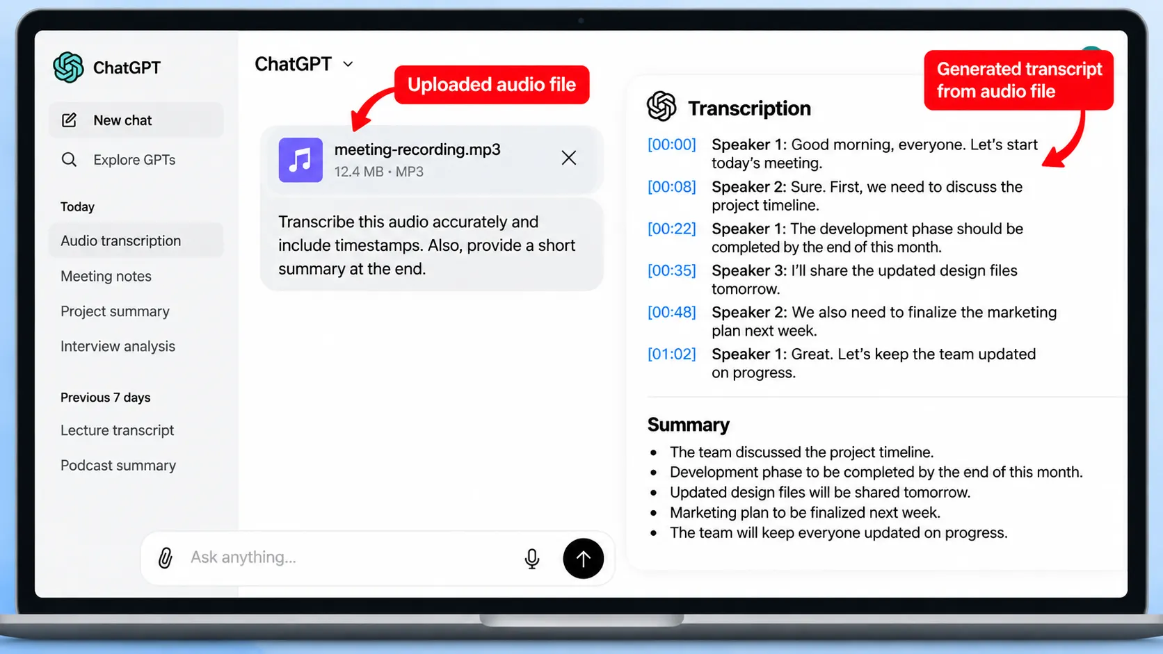 ChatGPT audio transcription from an uploaded MP3 file