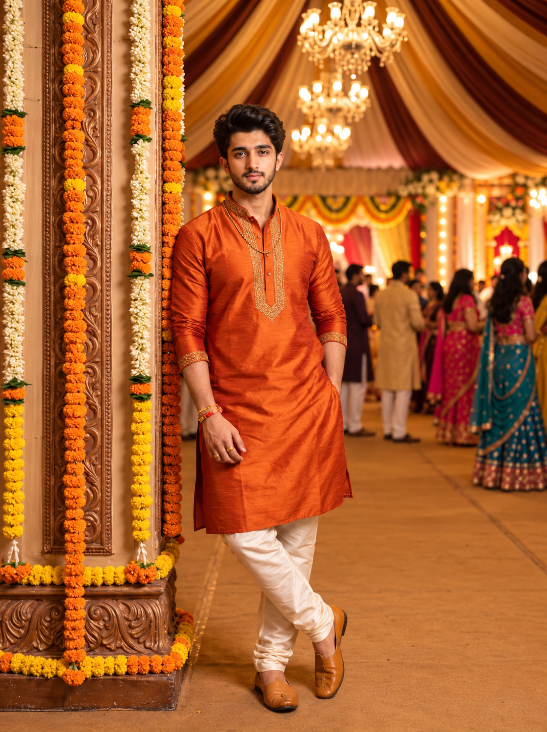 Indian man in traditional festive clothing inside a decorated indoor Navratri venue
Copy alt text
