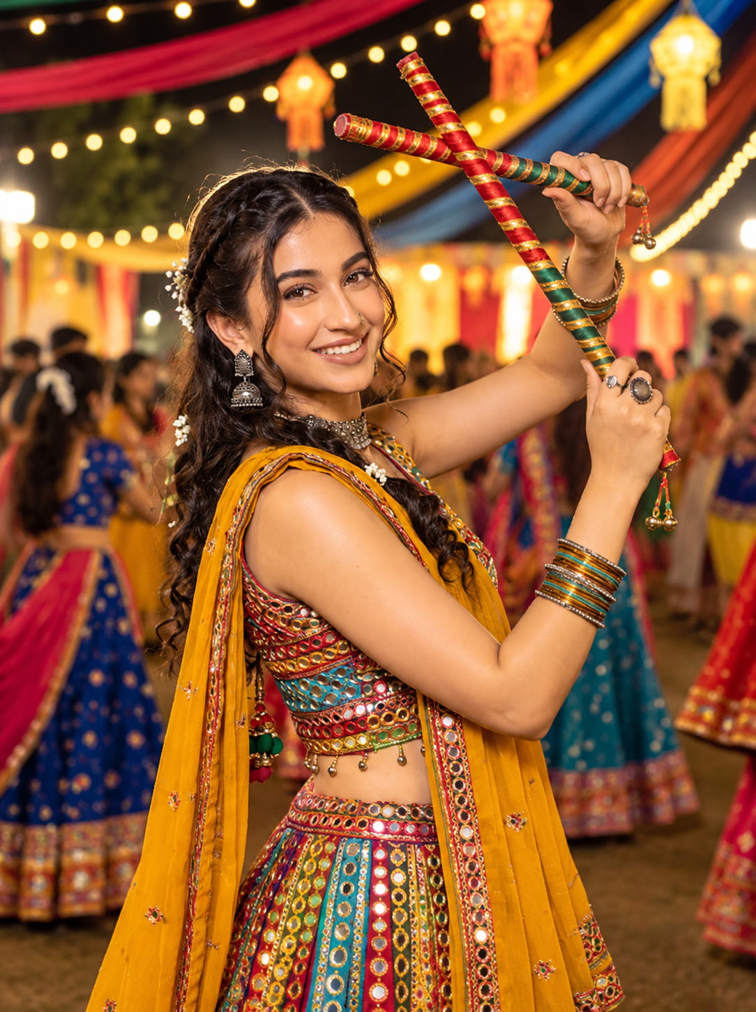 Indian woman in a colourful Gujarati Chaniya Choli holding Dandiya sticks