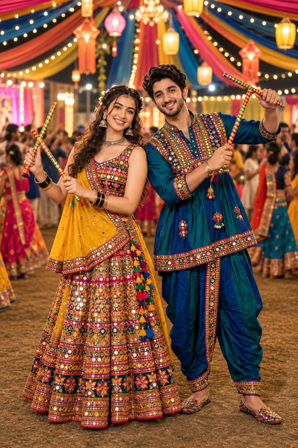 Indian couple wearing coordinated traditional outfits at a Navratri Garba celebration