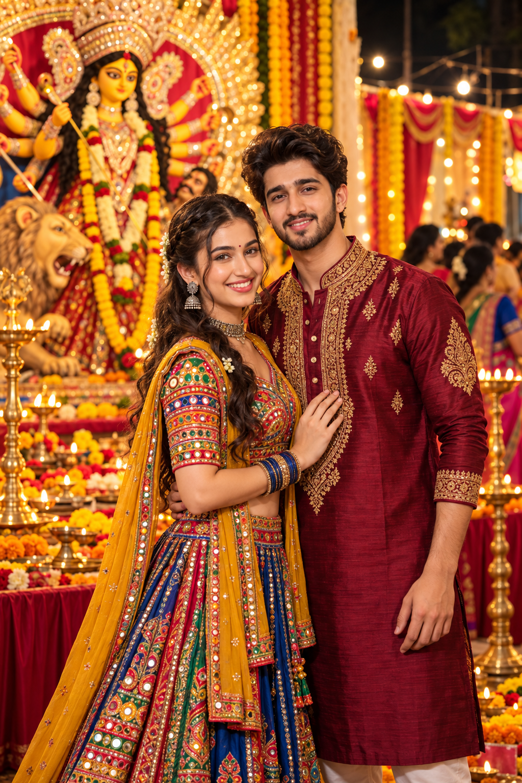 Indian couple in traditional clothing posing beside a decorated Durga idol at night