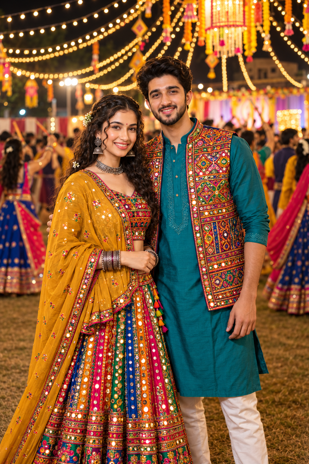 Indian couple posing together at a colourful Garba venue illuminated at night