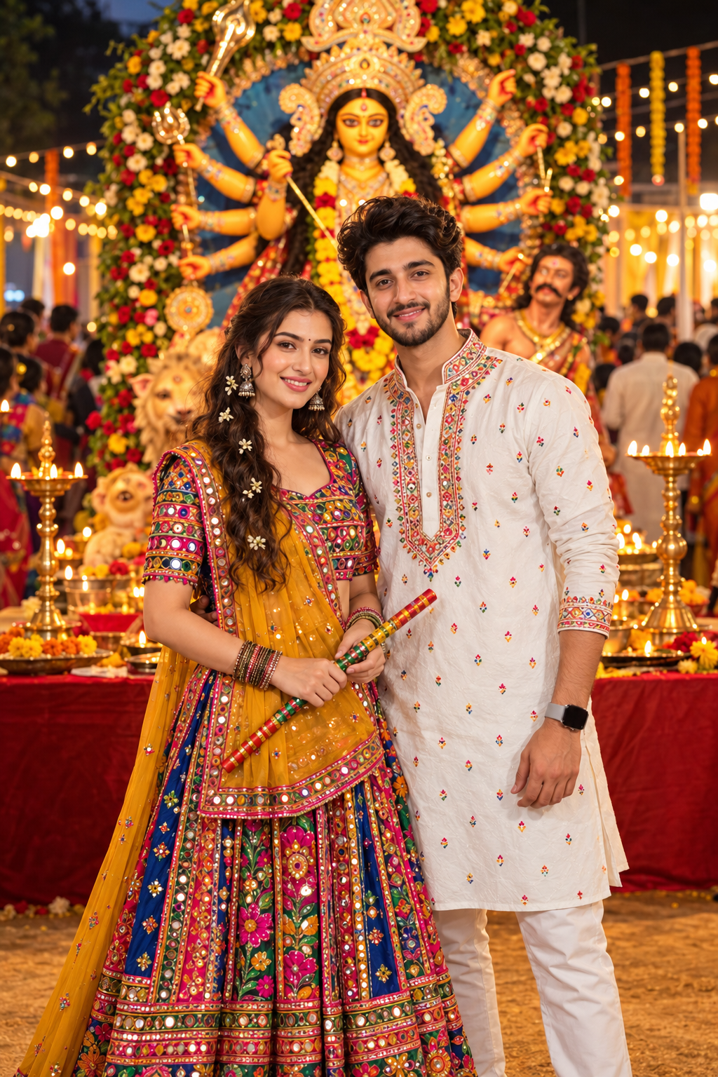 Indian couple in traditional Navratri outfits posing before a grand illuminated Durga idol
Copy alt text
Copy all 30 filenames and alt texts