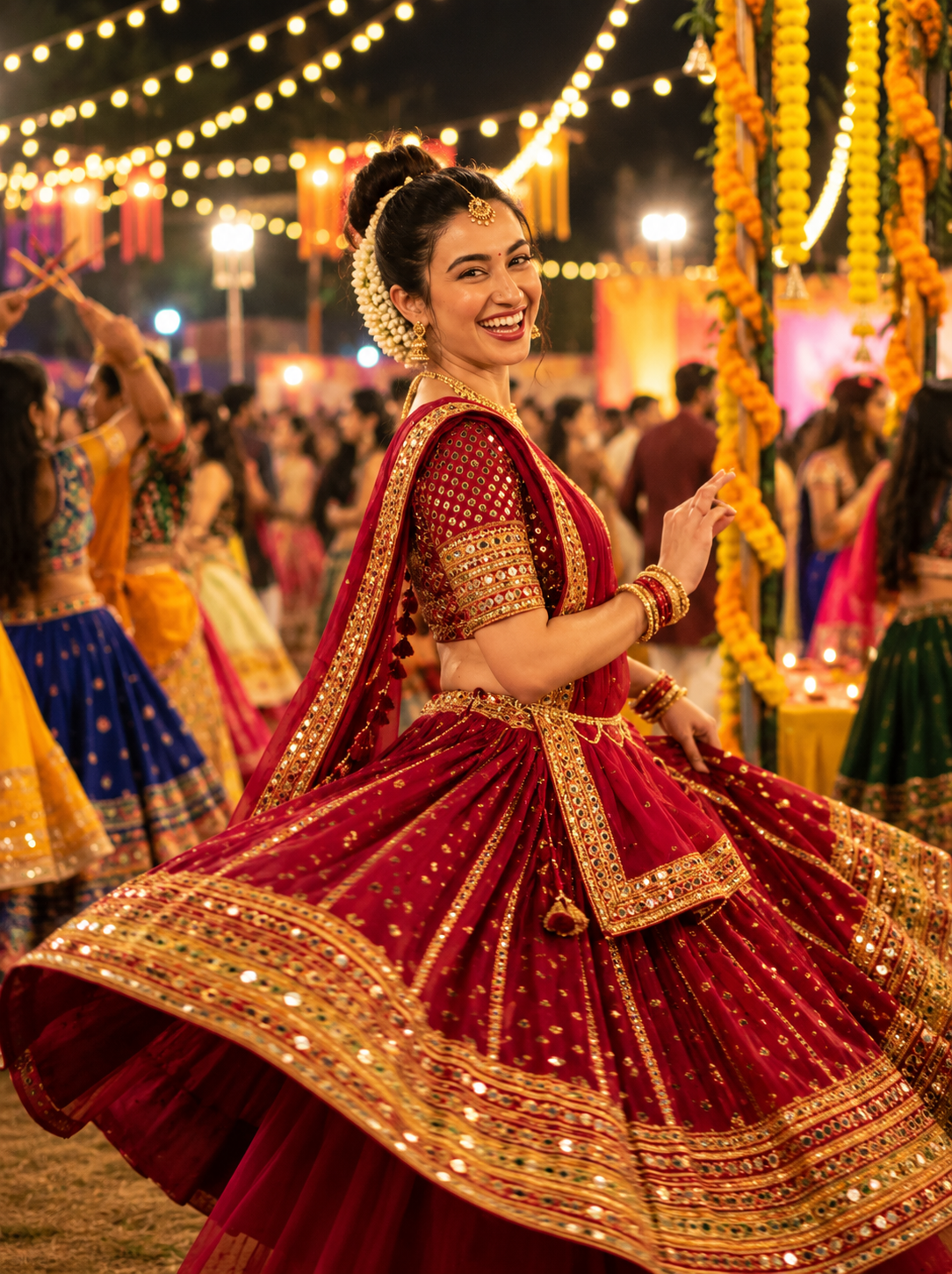 Indian woman twirling in a crimson Chaniya Choli during a lively Garba night
Copy alt text