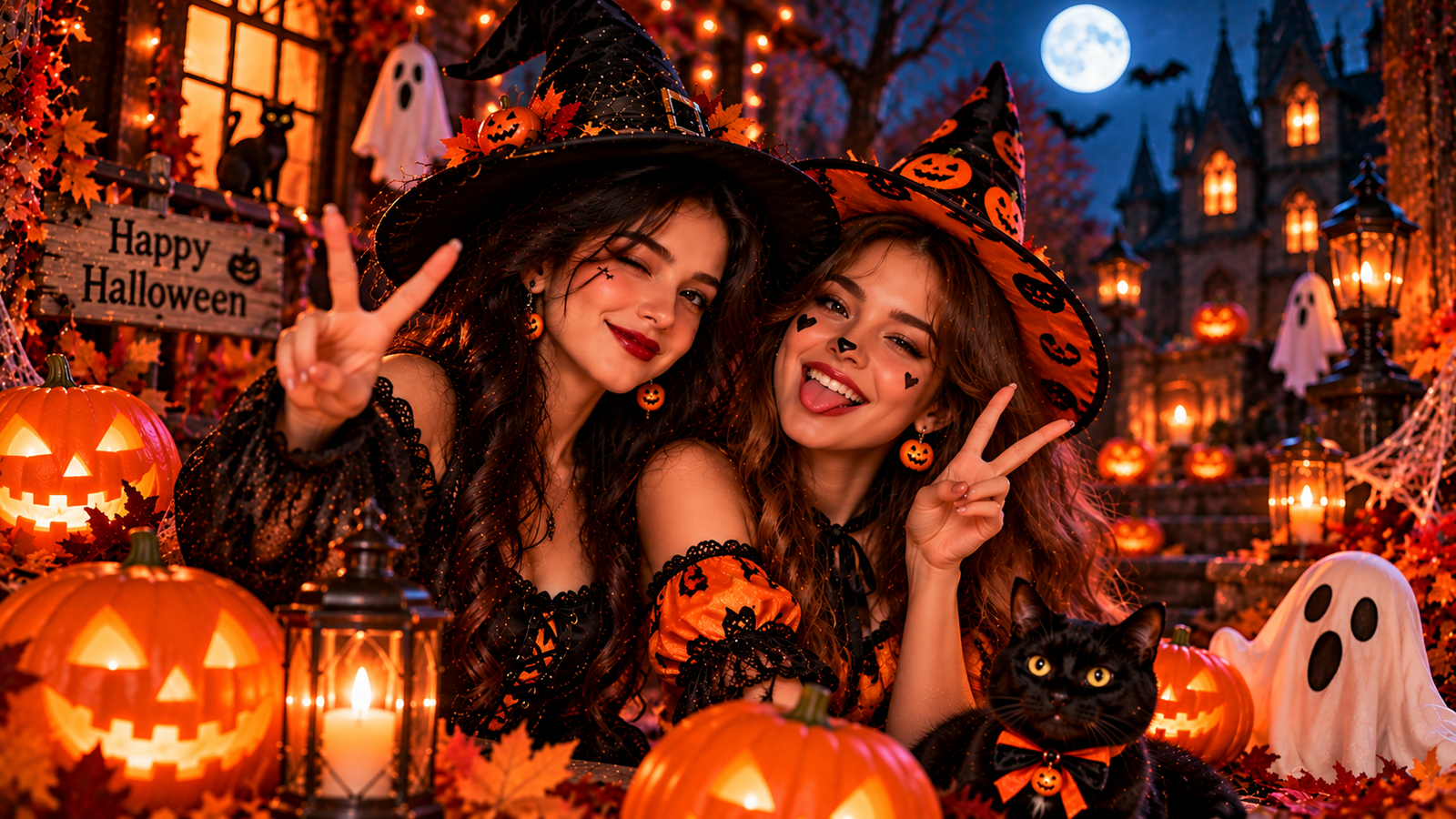 Two best friends wearing cute Halloween witch costumes posing with glowing pumpkins, a black cat, and ghost decorations under the moonlight.