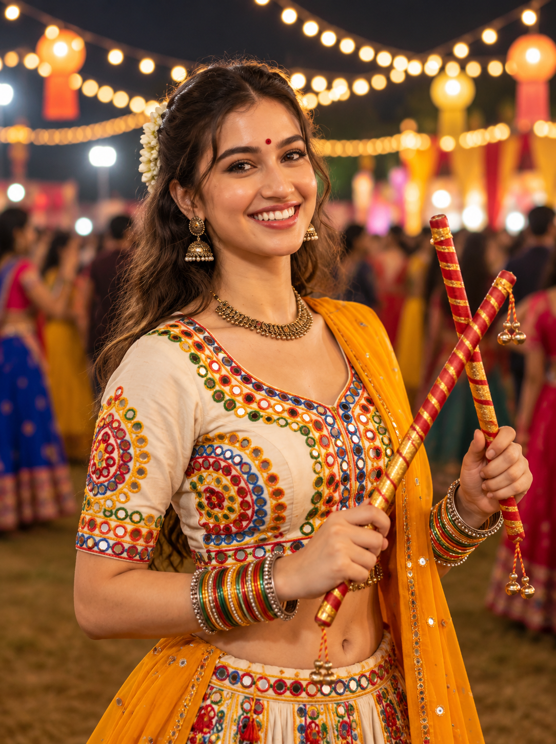 Indian woman in traditional Garba attire holding Dandiya sticks at a Navratri celebration
Copy alt text