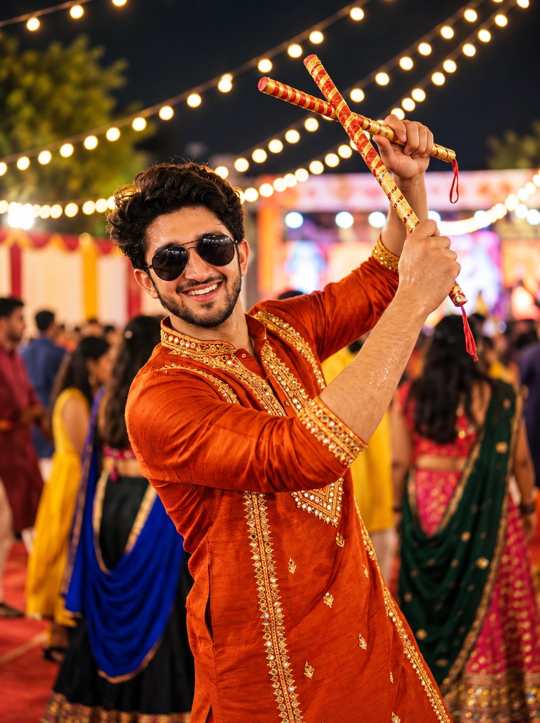 Indian man wearing a traditional Gujarati kediyu and sunglasses at a Navratri celebration
Copy alt text
