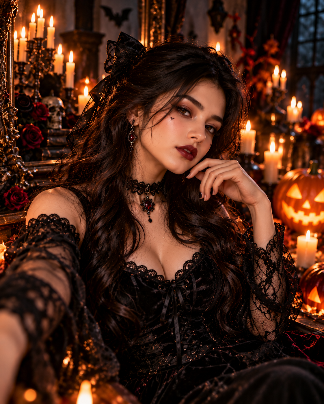 Woman wearing a black lace gothic outfit with dark wavy hair and smoky makeup, posing among glowing pumpkins and candlelight.