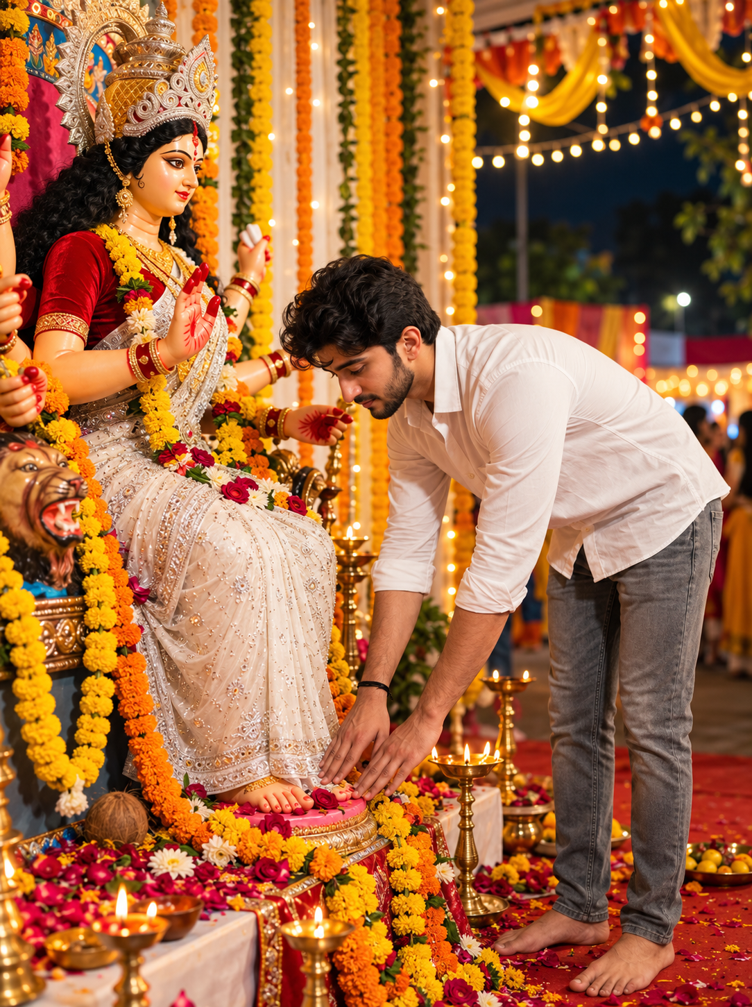 Indian man posing near a decorated Durga idol during a Navratri night Puja
Copy alt text