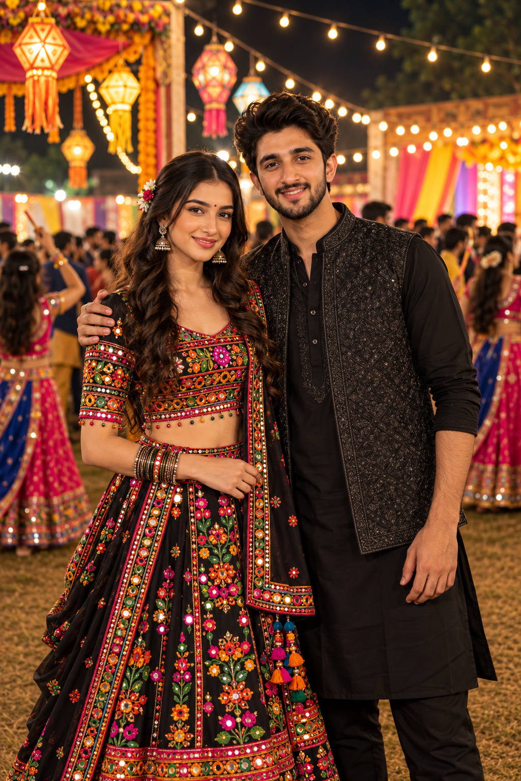 Indian couple in traditional ethnic outfits posing at a decorated Garba venue