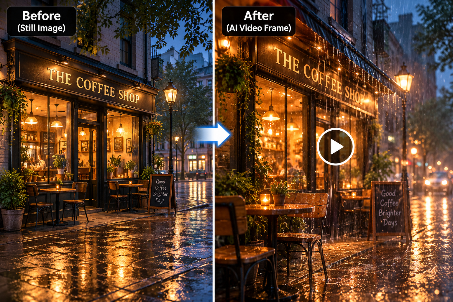 Before and after comparison showing a still coffee shop image and an illustrative AI-animated video frame.