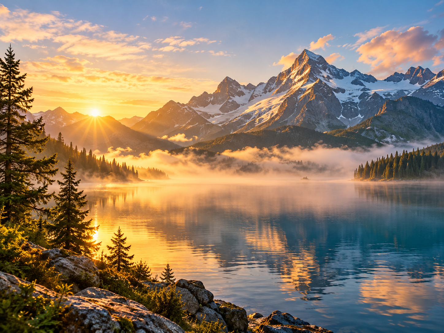 Cinematic mountain lake at sunrise with golden reflections, mist, and snow-covered peaks.
