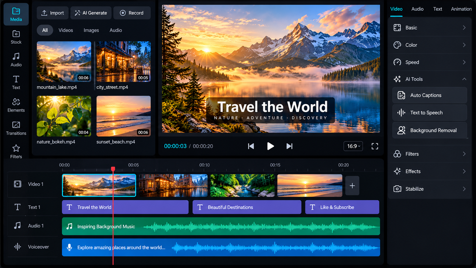 Video editing workflow showing video clips, captions, audio tracks, and a YouTube video preview.