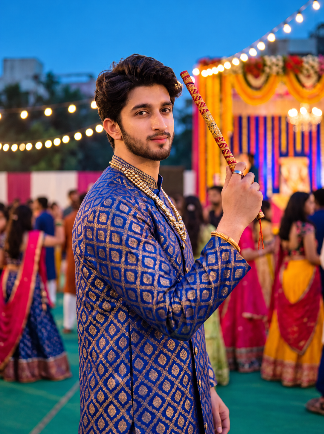 Indian man in traditional attire at a blue-hour Garba celebration with colourful festive lights