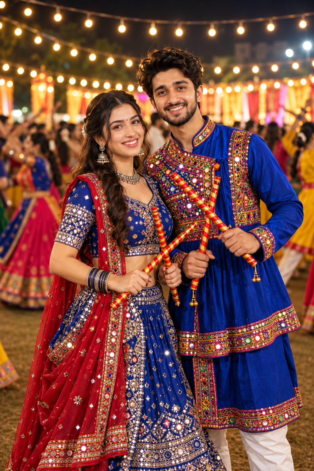 Indian couple in traditional Garba outfits holding Dandiya sticks at a night celebration