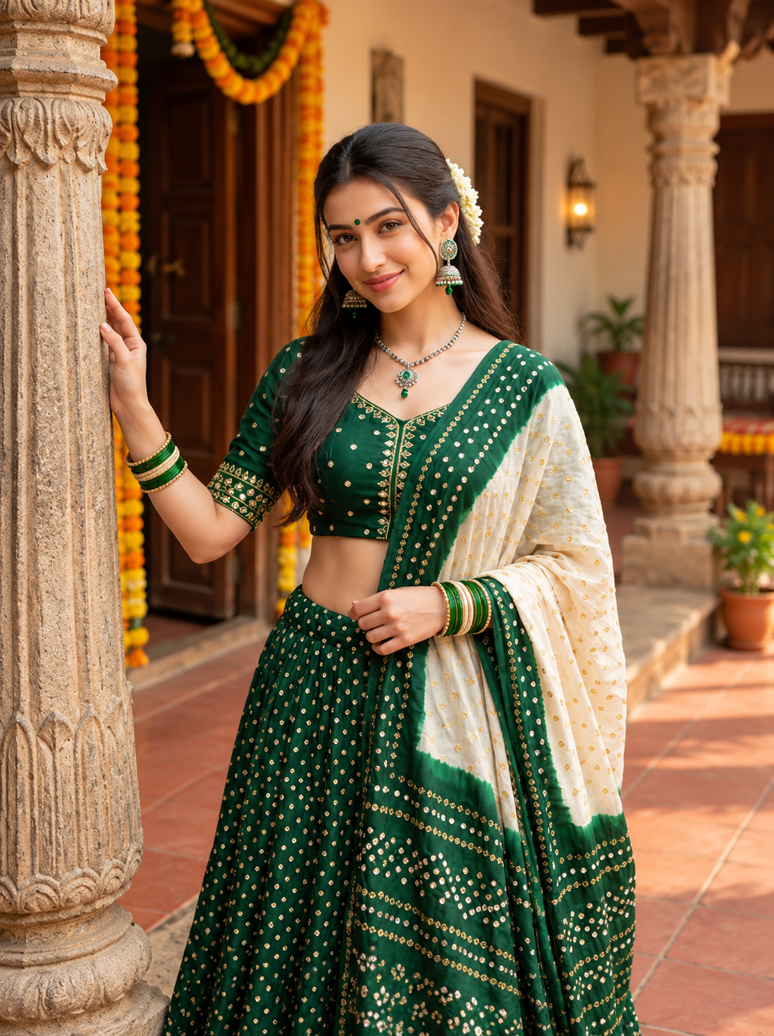 Indian woman wearing a green Bandhani Chaniya Choli with traditional festive accessories