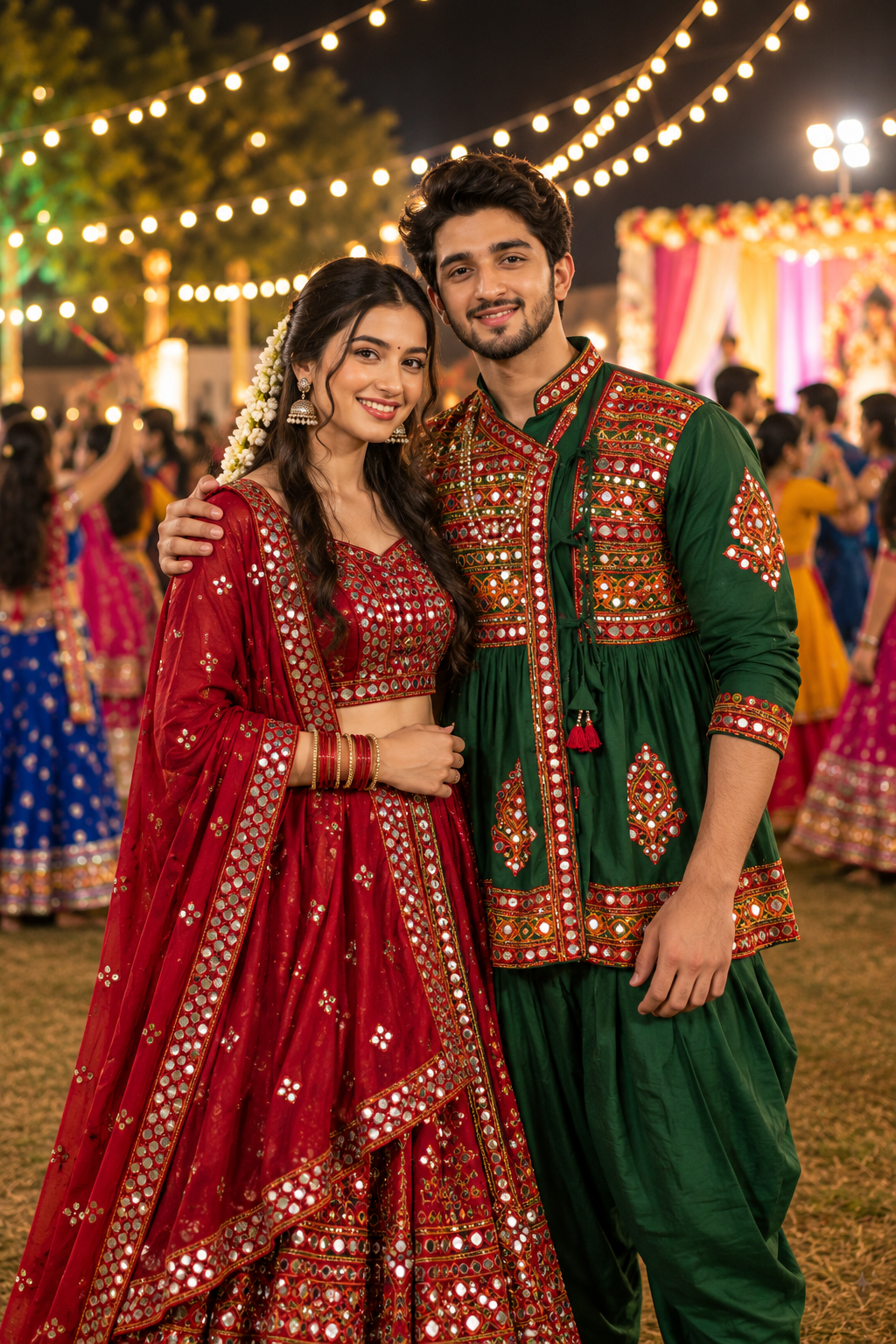 Indian couple wearing coordinated green and red traditional Garba outfits