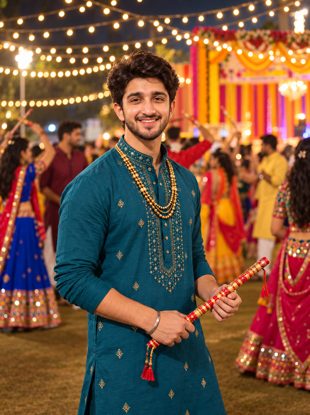 Indian man wearing a Gujarati traditional kurta at a lively Navratri Garba venue