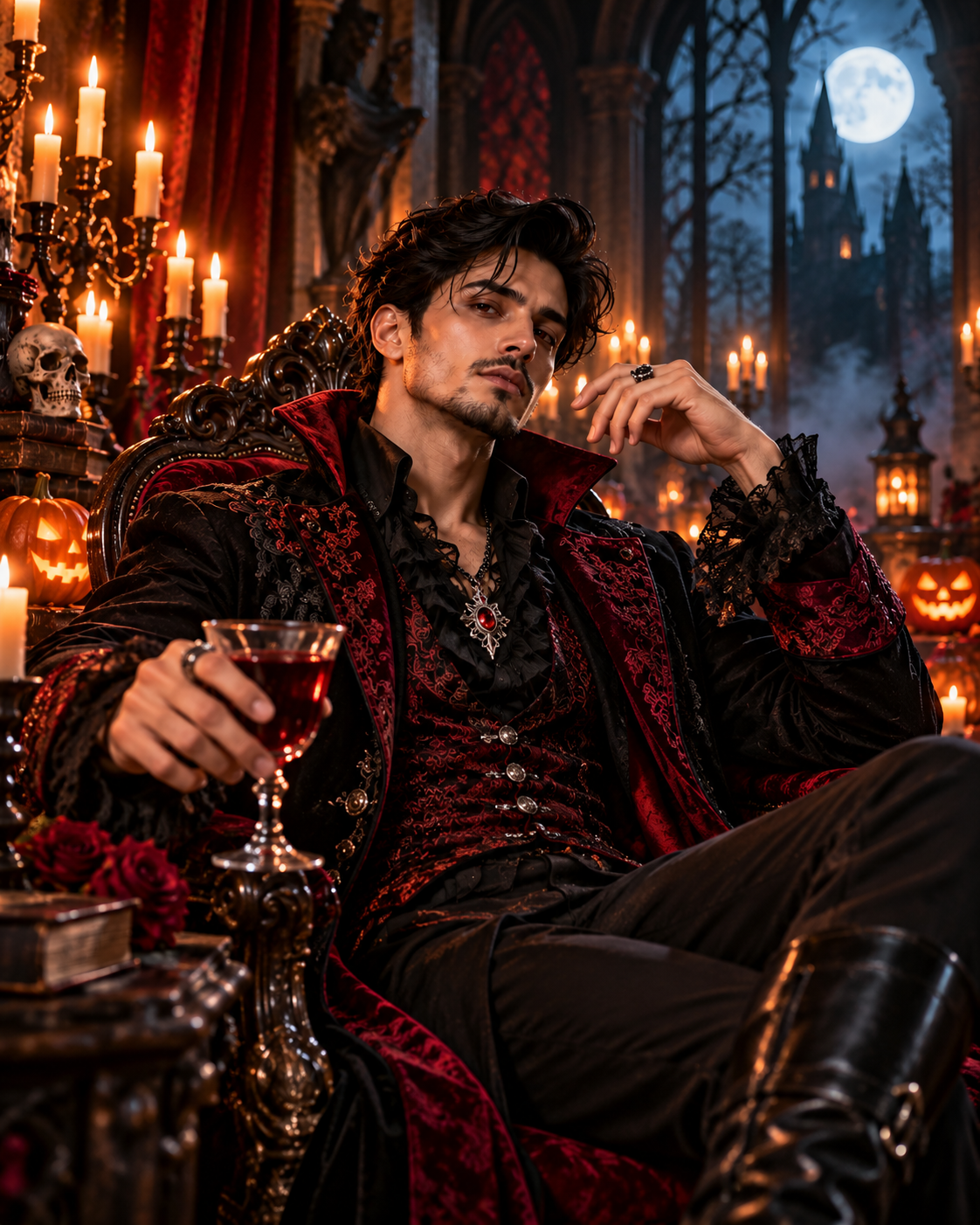 Cinematic Halloween vampire portrait in a black and burgundy gothic costume, surrounded by glowing pumpkins and candlelight.
