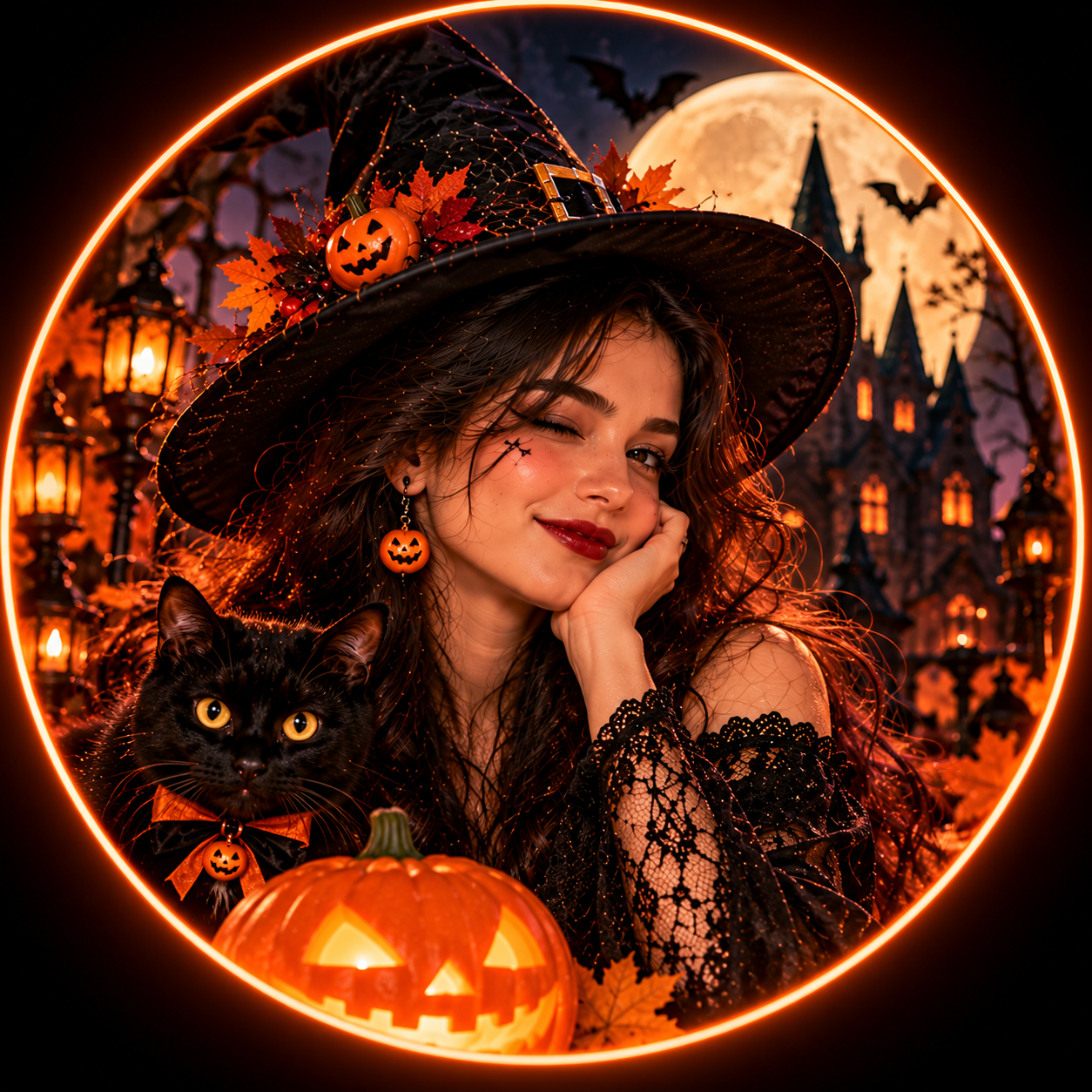 Woman wearing a black witch hat and gothic lace outfit posing with a black cat and glowing pumpkin against a moonlit haunted castle background.