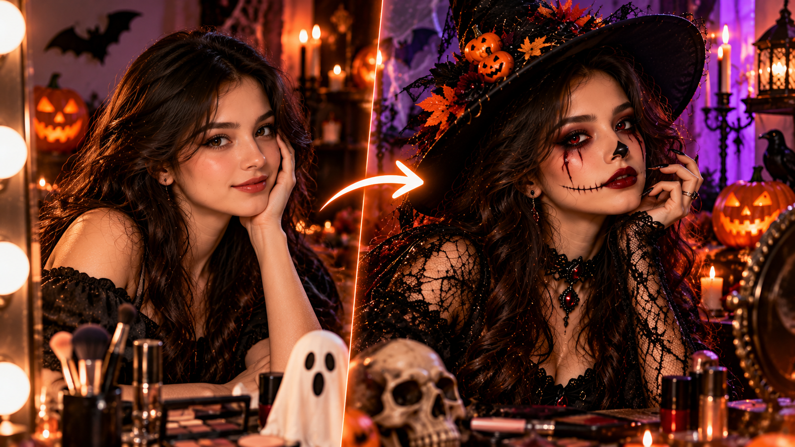Before-and-after Halloween makeup transformation showing a woman with natural makeup on one side and dramatic gothic skeleton makeup with a witch hat on the other.
