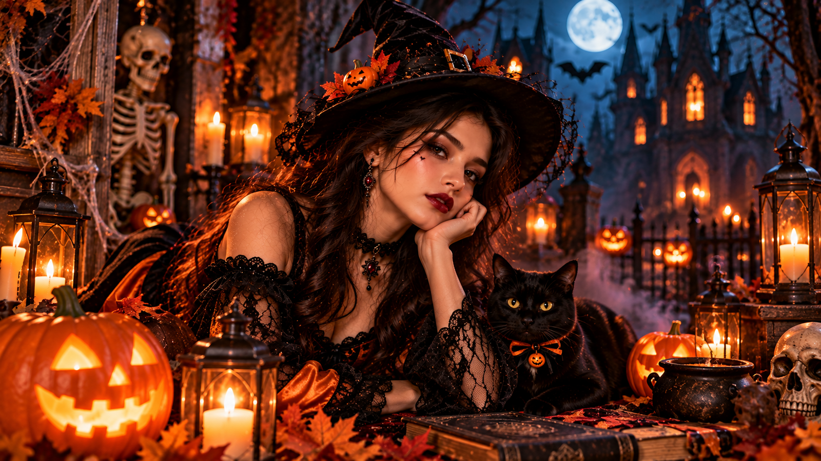 Woman wearing a black witch hat and gothic outfit beside a black cat, surrounded by glowing pumpkins and lanterns in a haunted castle setting.