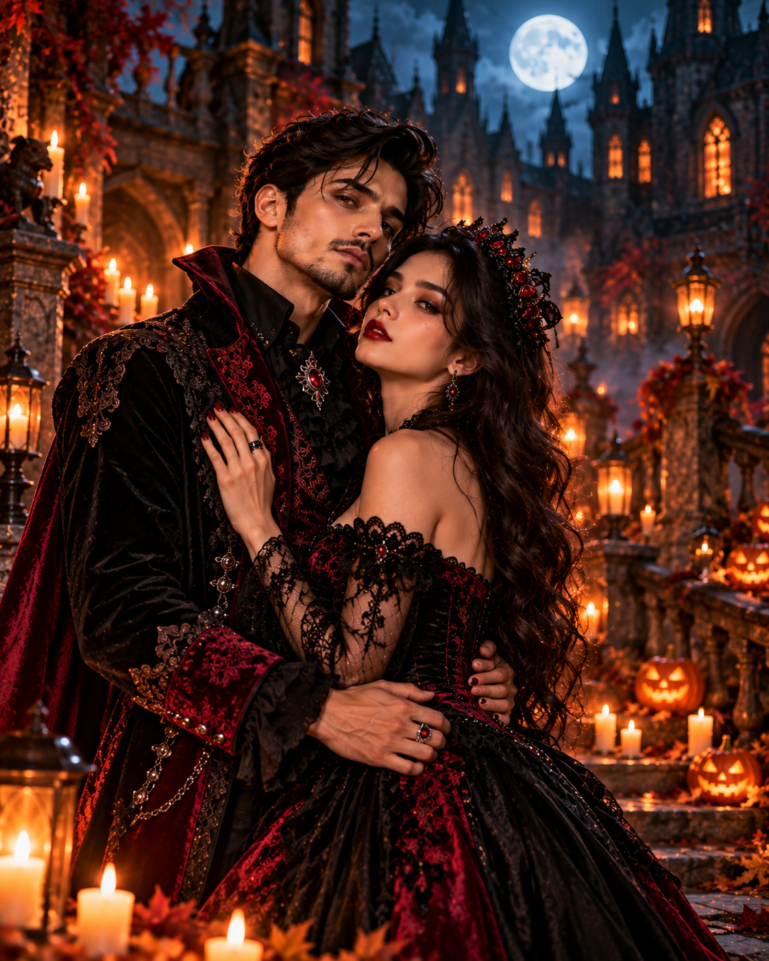 Couple wearing coordinated black and crimson vampire costumes embracing in a moonlit gothic castle courtyard surrounded by glowing pumpkins and lanterns.