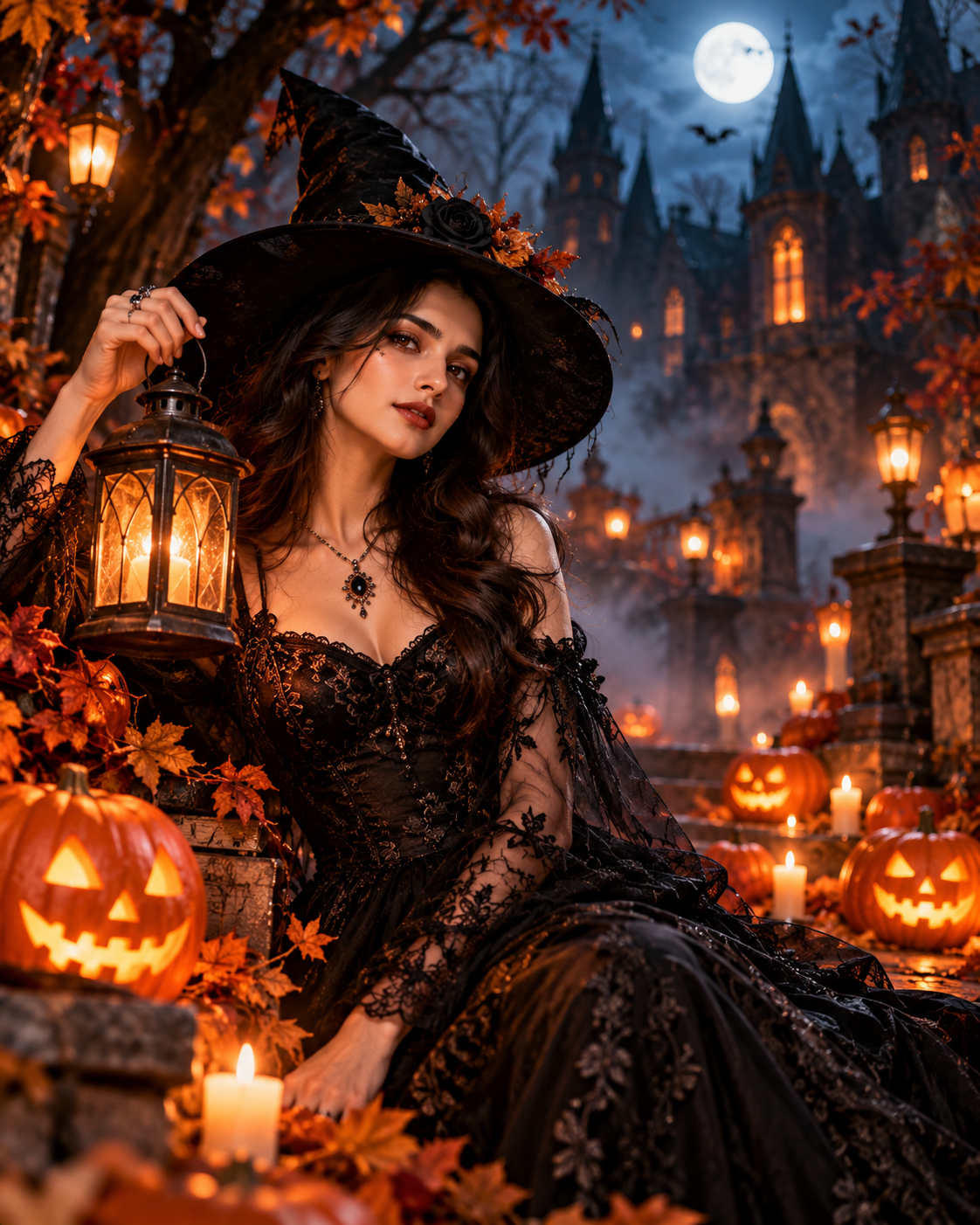 Woman wearing a black lace witch costume and pointed hat, holding a glowing lantern in a moonlit forest surrounded by pumpkins and a gothic castle.