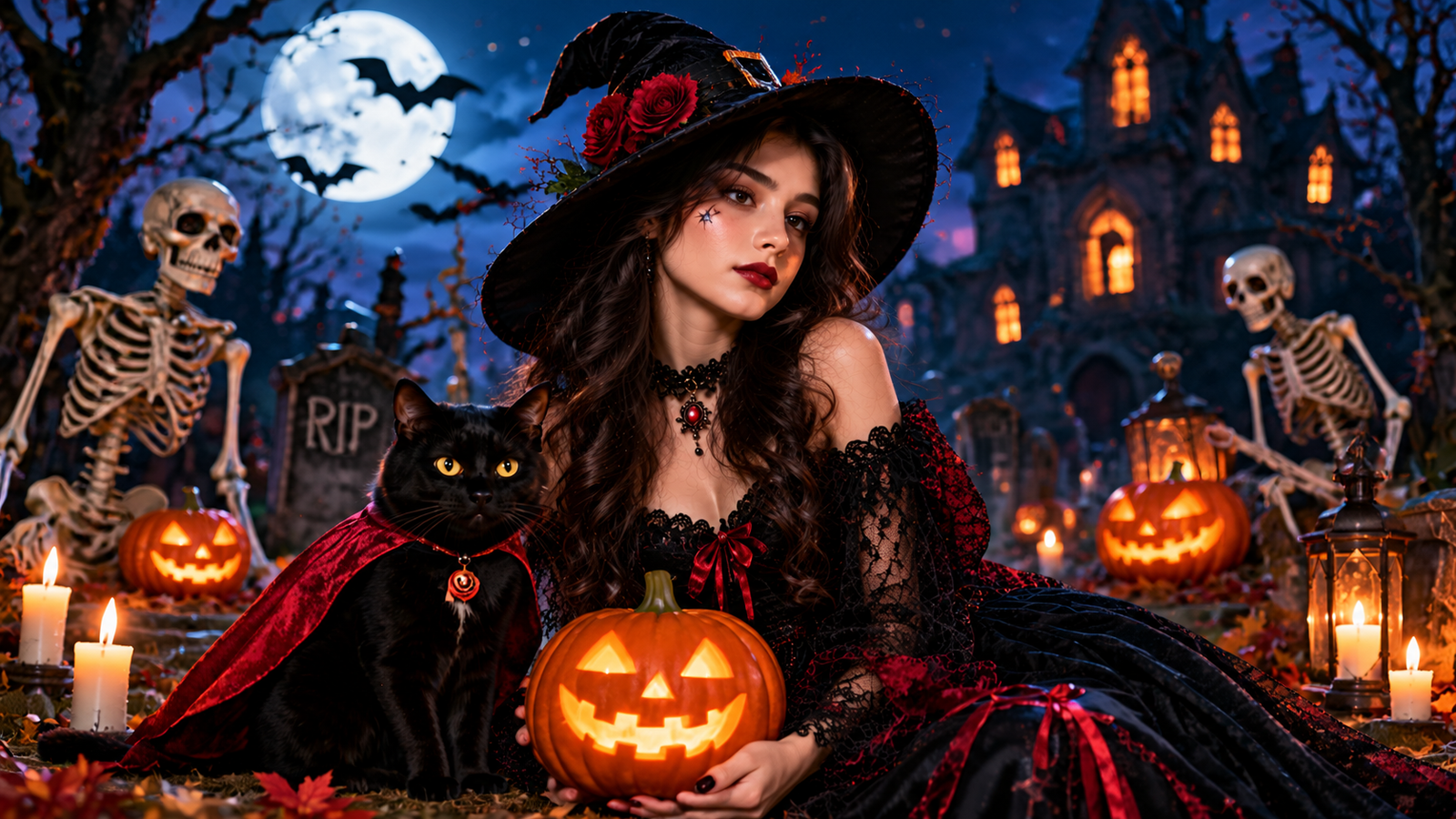 Woman wearing a black witch costume beside a black cat, glowing pumpkins, and a haunted gothic castle under the full moon.