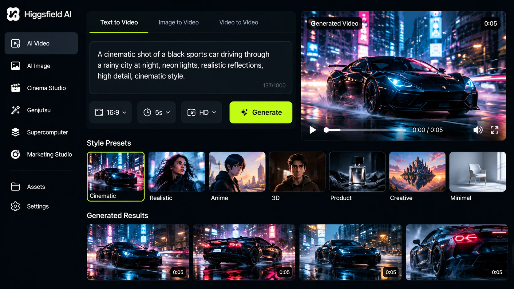 Higgsfield AI video creation workflow with a text prompt and cinematic preview