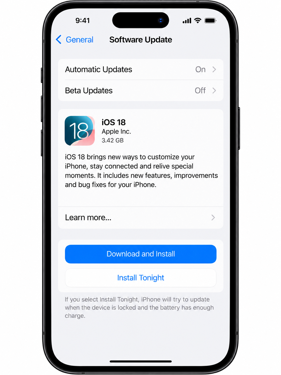 iPhone Software Update screen showing iOS update details and Download and Install options.