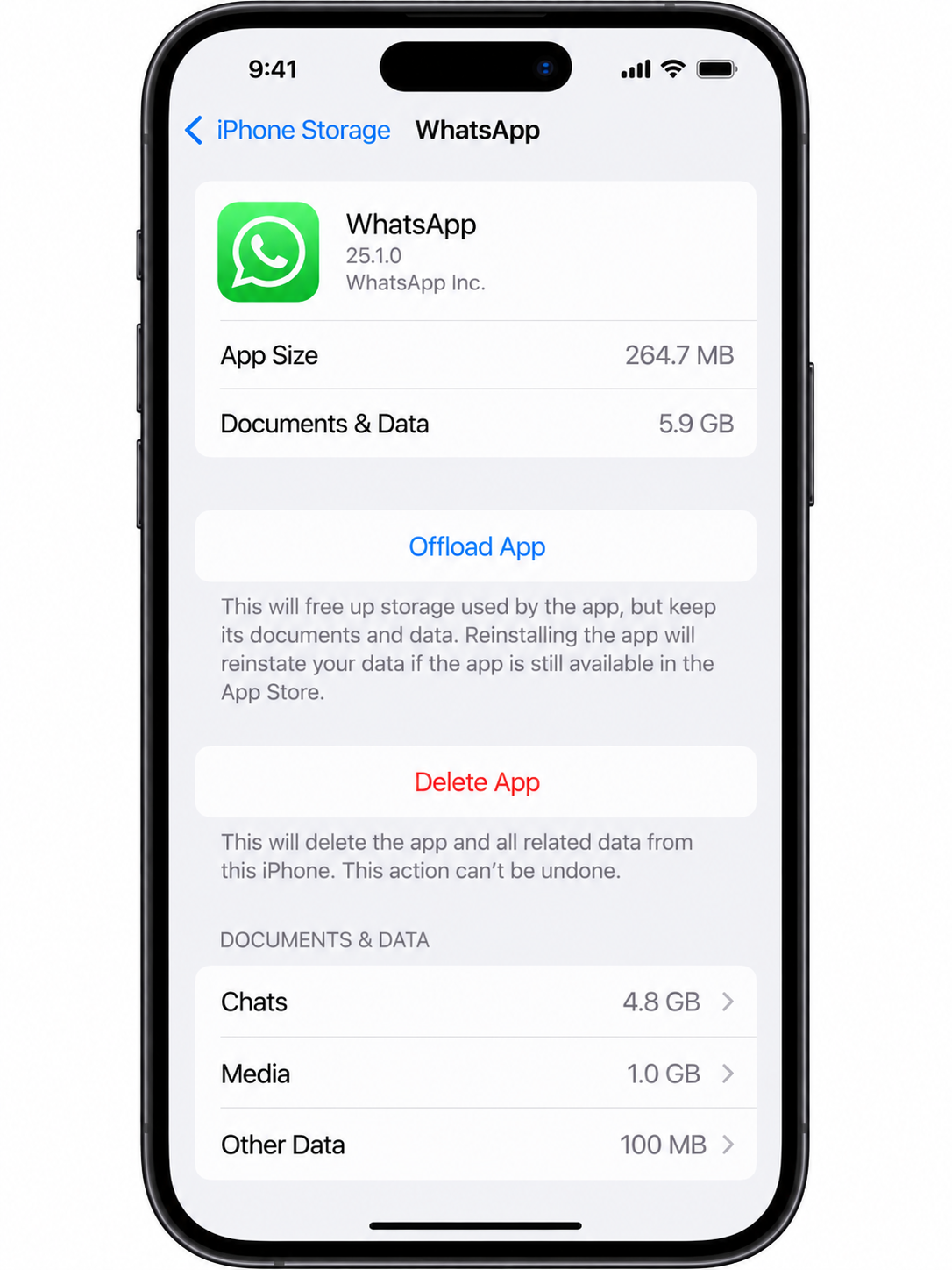 iPhone storage settings showing Offload App and Delete App options with their data-retention differences.