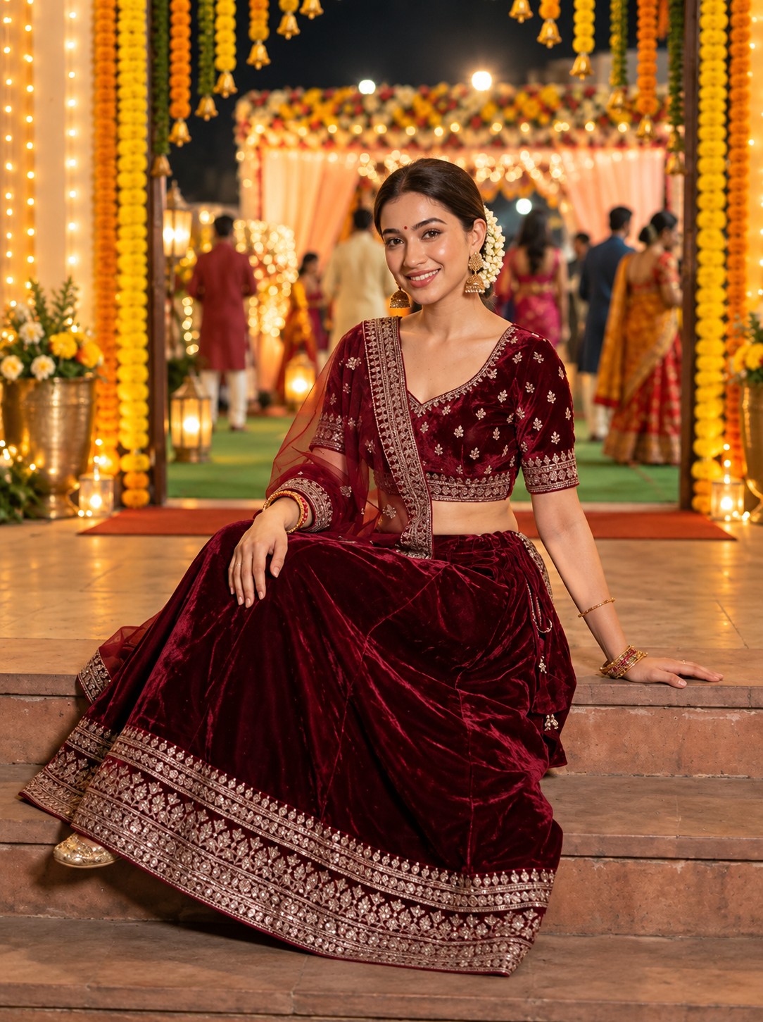 Indian woman in a maroon lehenga posing under festive lights at a Garba night
Copy alt text