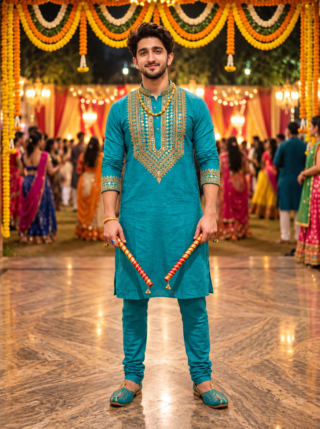 Indian man performing a classic Dandiya pose with traditional sticks at Navratri
Copy alt text