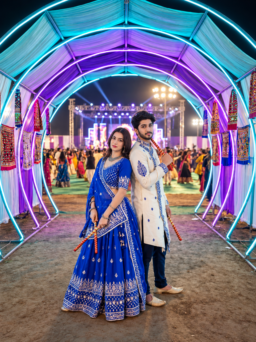 Navratri couple posing inside an illuminated Dandiya night light tunnel