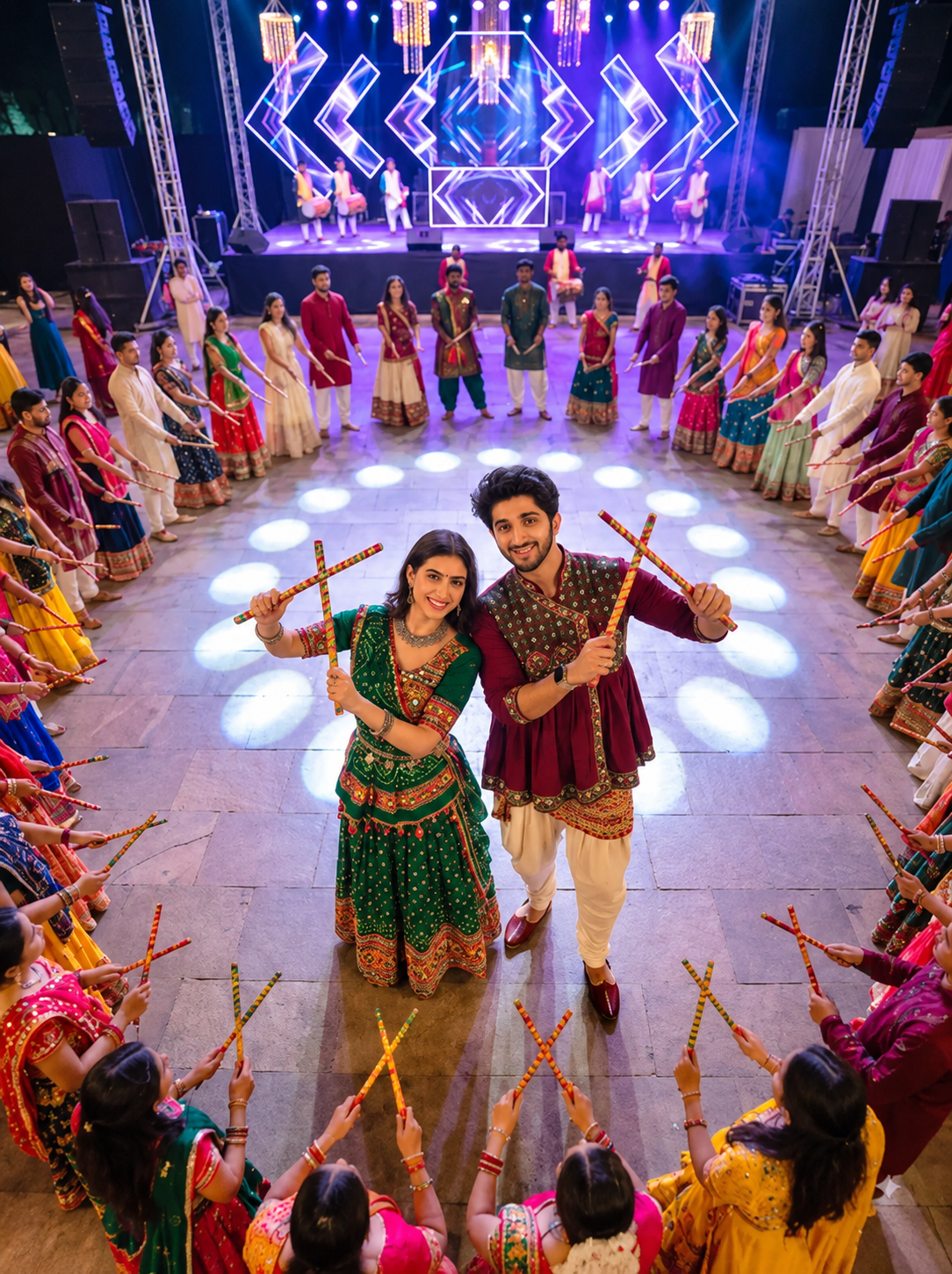 Navratri couple AI photo with an elevated view of a colorful Garba circle