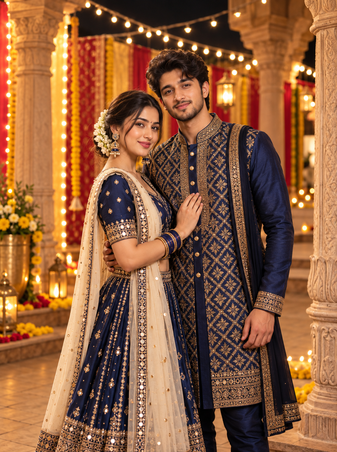 Indian couple in traditional festive outfits posing together for a Navratri portrait