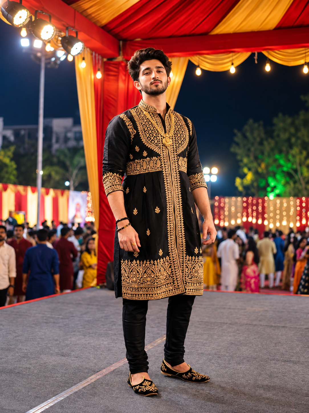 Indian man in festive traditional clothing posing on a brightly lit Garba night stage
Copy alt text
