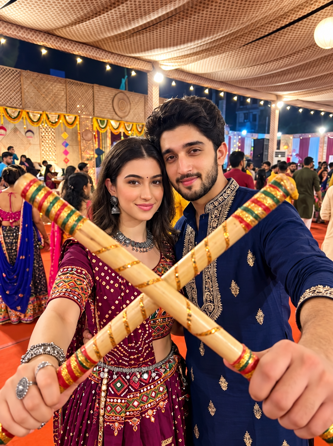 Navratri couple AI photo in traditional outfits inside a Dandiya circle