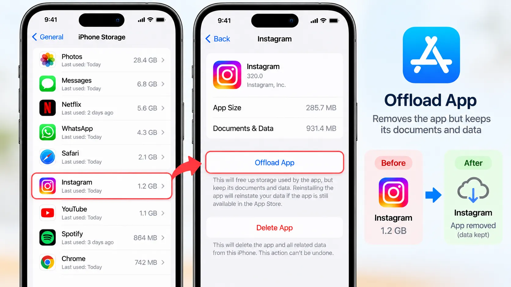 How to offload an app on iPhone to free up storage while keeping its documents and data.