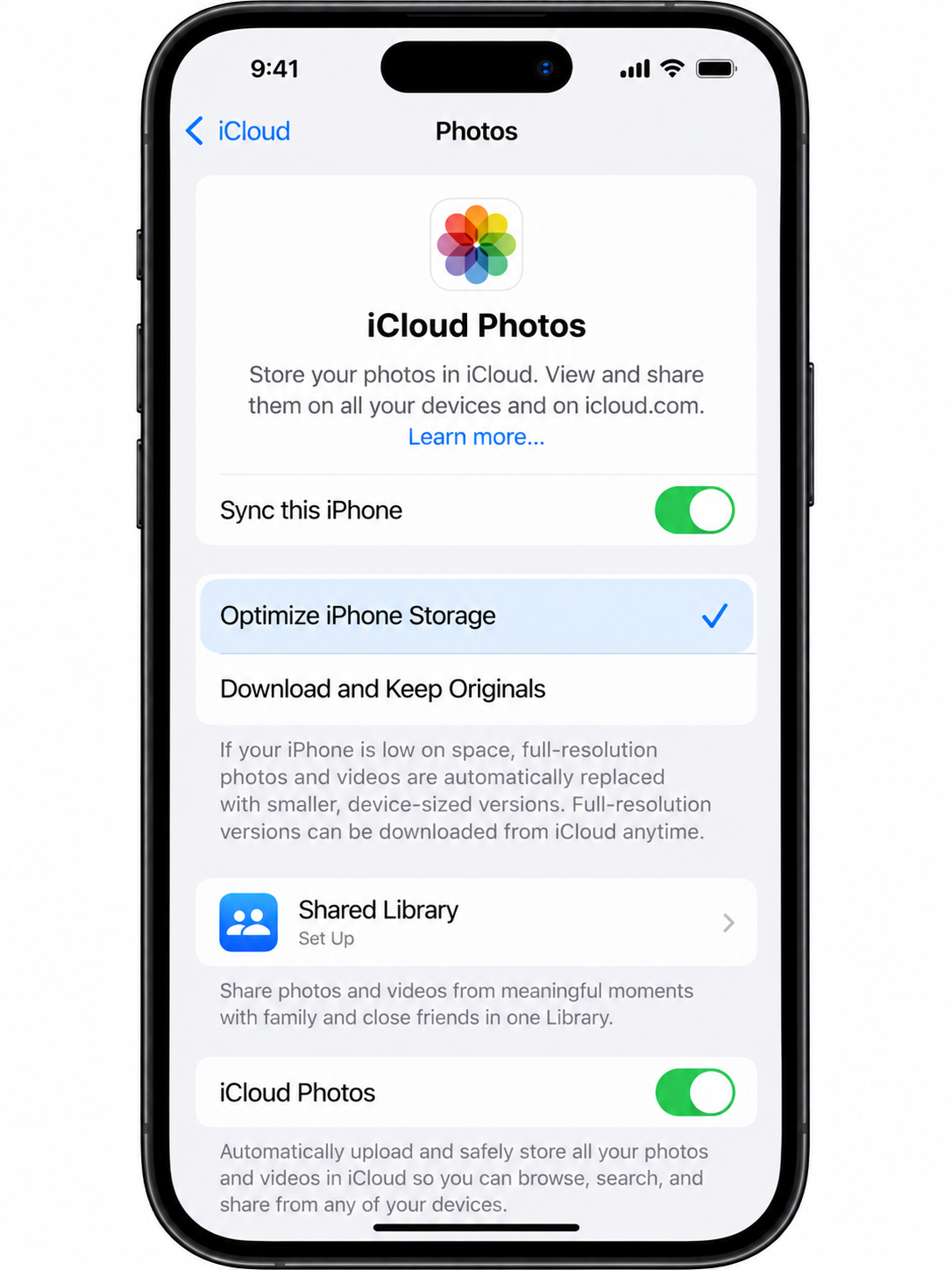 iPhone iCloud Photos settings showing Optimize iPhone Storage selected.