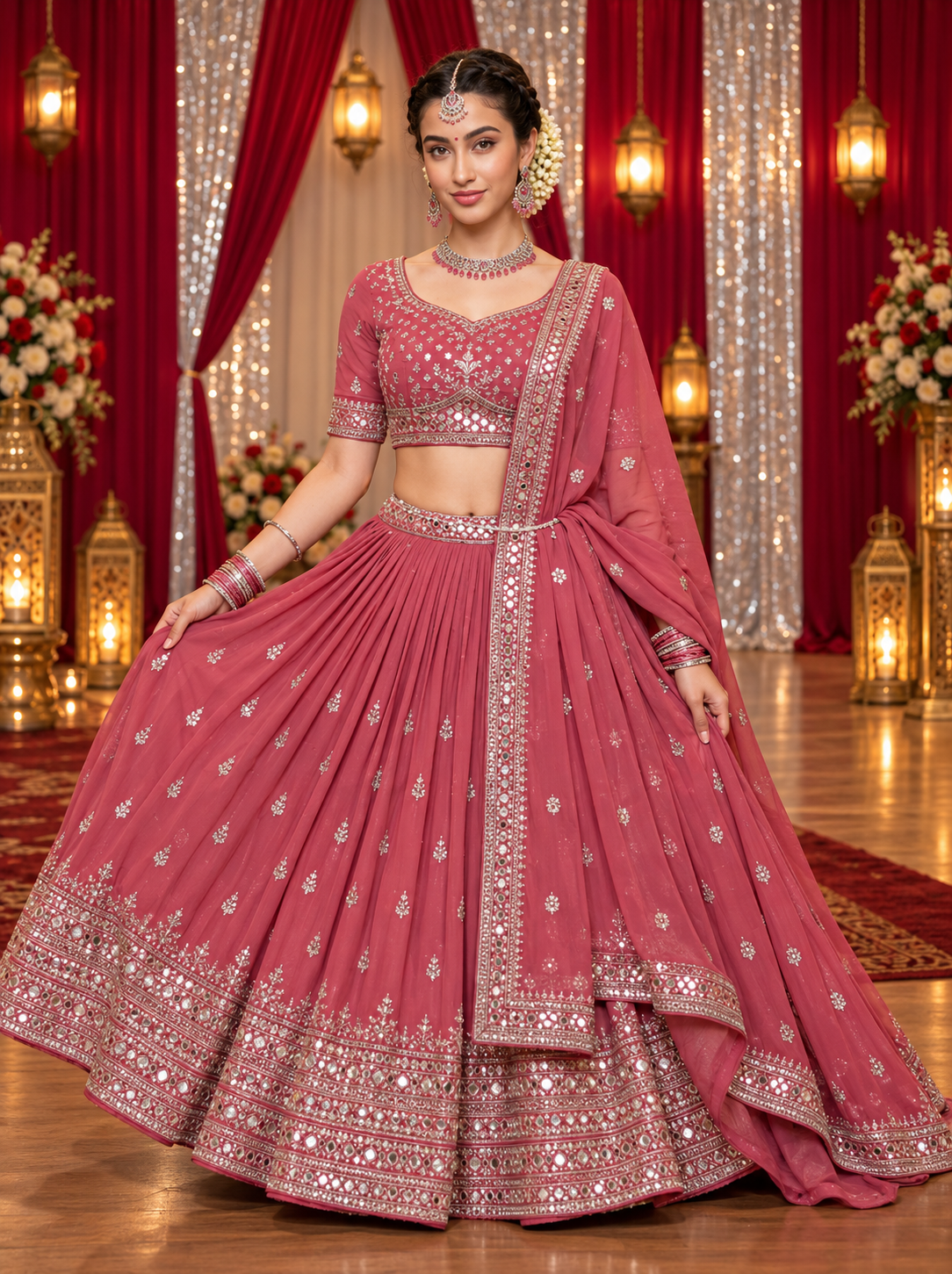 Indian woman in a pink traditional lehenga posing at a festive Navratri venue
Copy alt text