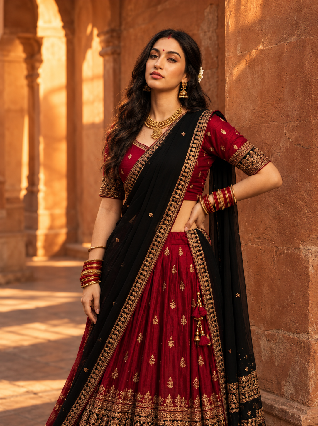 Indian woman in a red Ghagra Choli posing against a decorative wall