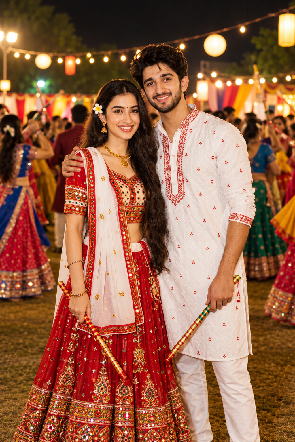 Indian couple in traditional festive clothing with a retro vintage Garba portrait aesthetic